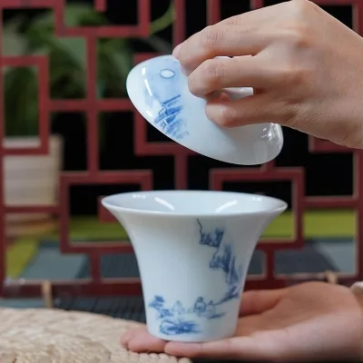 后月 青花瓷盖碗 月下喝茶 烟波浩渺 手绘工艺 180cc大容量 图2