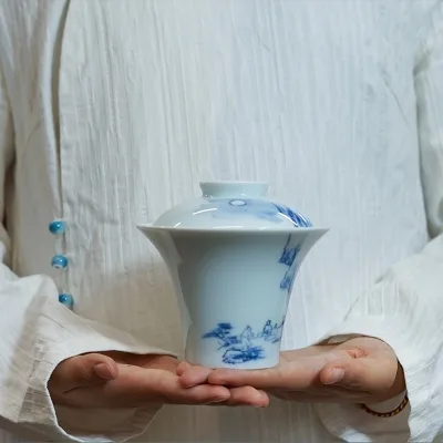 后月 青花瓷盖碗 月下喝茶 烟波浩渺 手绘工艺 180cc大容量 图3