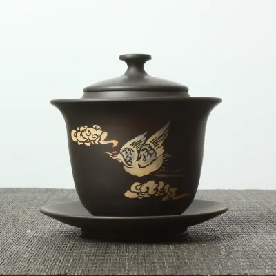 云南建水紫陶 闲云野鹤 三才杯 纯手工盖碗（黑色）