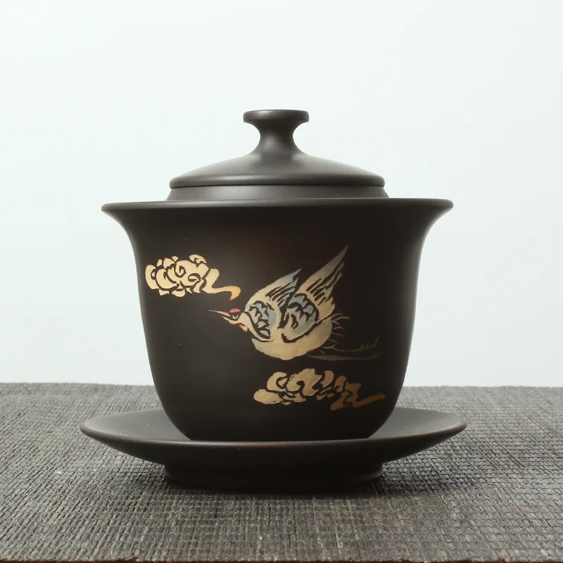 云南建水紫陶 闲云野鹤 三才杯 纯手工盖碗(黑色) 图1