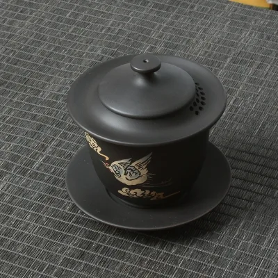 云南建水紫陶 闲云野鹤 三才杯 纯手工盖碗(黑色) 图2