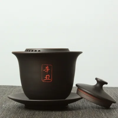 云南建水紫陶 闲云野鹤 三才杯 纯手工盖碗(黑色) 图4