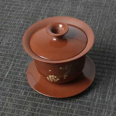 云南建水紫陶纯手工盖碗 亮面梅花三才杯 图2