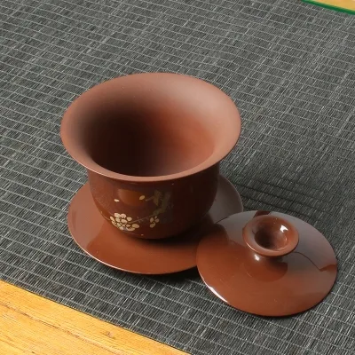 云南建水紫陶纯手工盖碗 亮面梅花三才杯 图3