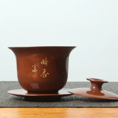 云南建水紫陶纯手工盖碗 亮面梅花三才杯 图4